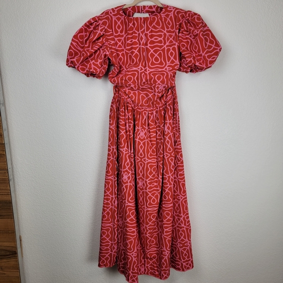 Agua by Agua Bendita Samba  Cutout-Back Print Puff Sleeve Maxi Dress Red Large - Picture 9 of 15
